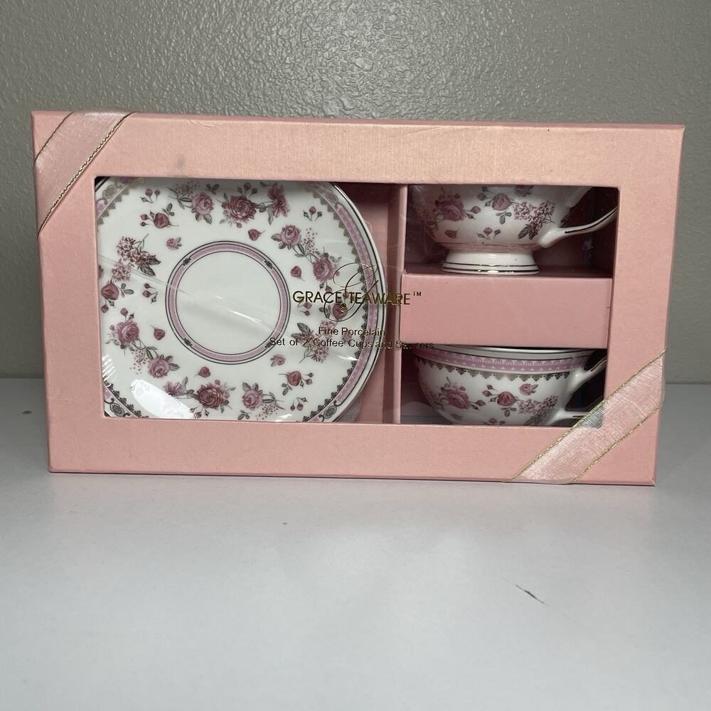 NEW Grace Teaware Pink Fine Porcelain 2 Coffee Cups & Saucers Cottage Coquette